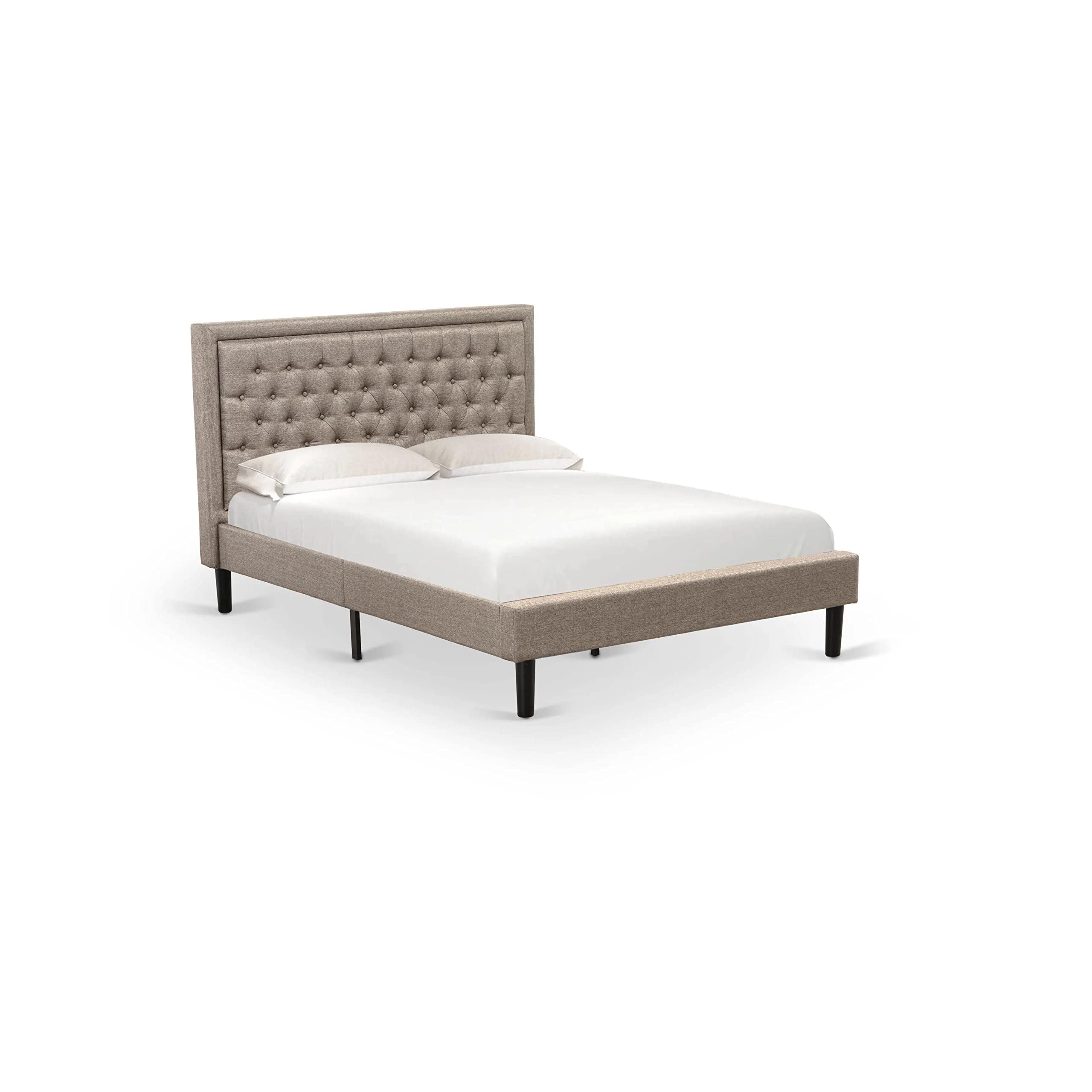East West Furniture KDF-16-Q Platform Queen Size Bed - Dark Khaki Linen Fabric Upholstered Bed Headboard with Button Tufted Trim Design - Black Legs